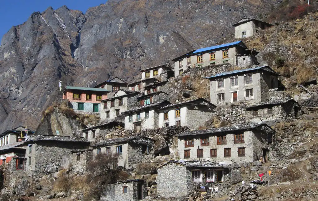 Traditional stone houses in Beding Village, nestled on a hillside in the Rolwaling Valley, Nepal.