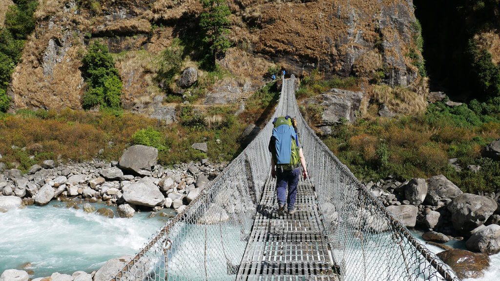 Crossing suspension bridge during Nepal Annapurna Circuit Trek