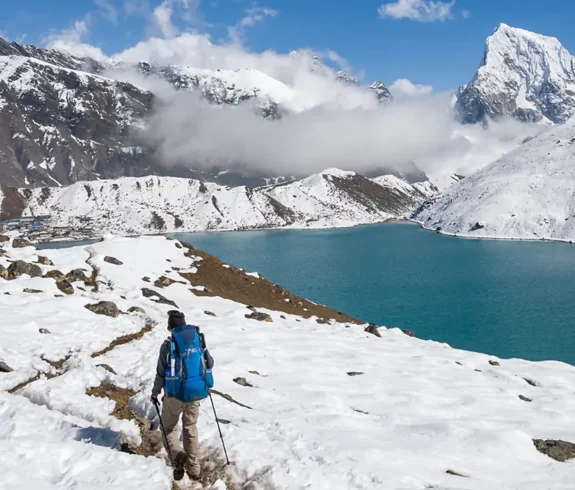 Man is trekking near Gokyo lake in Everest region, Nepal