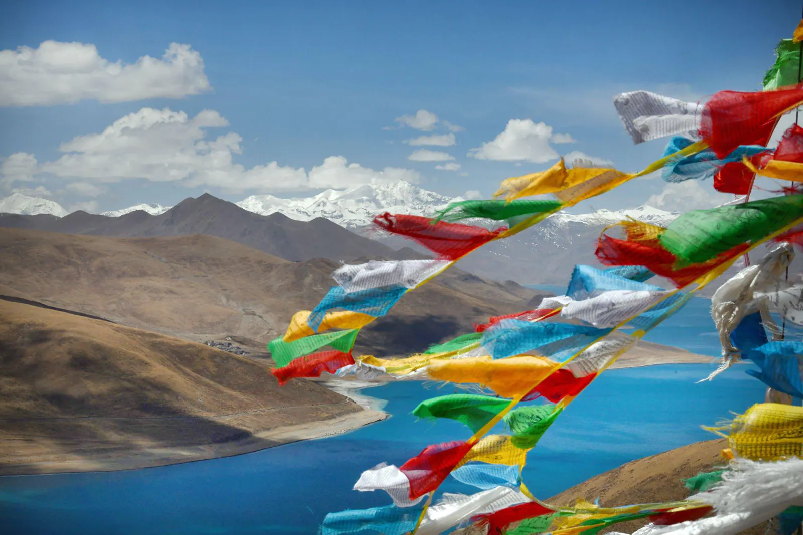 Prayer flags over Yamdrok Lake is a freshwater lake in Tibet