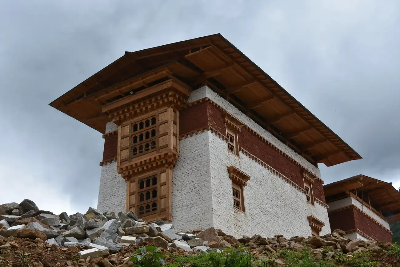 Traditional Bhutanese building with Druk Wangyel architectural style