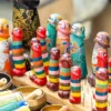 Colorful wooden phallus symbols on display at Chimi Lhakhang