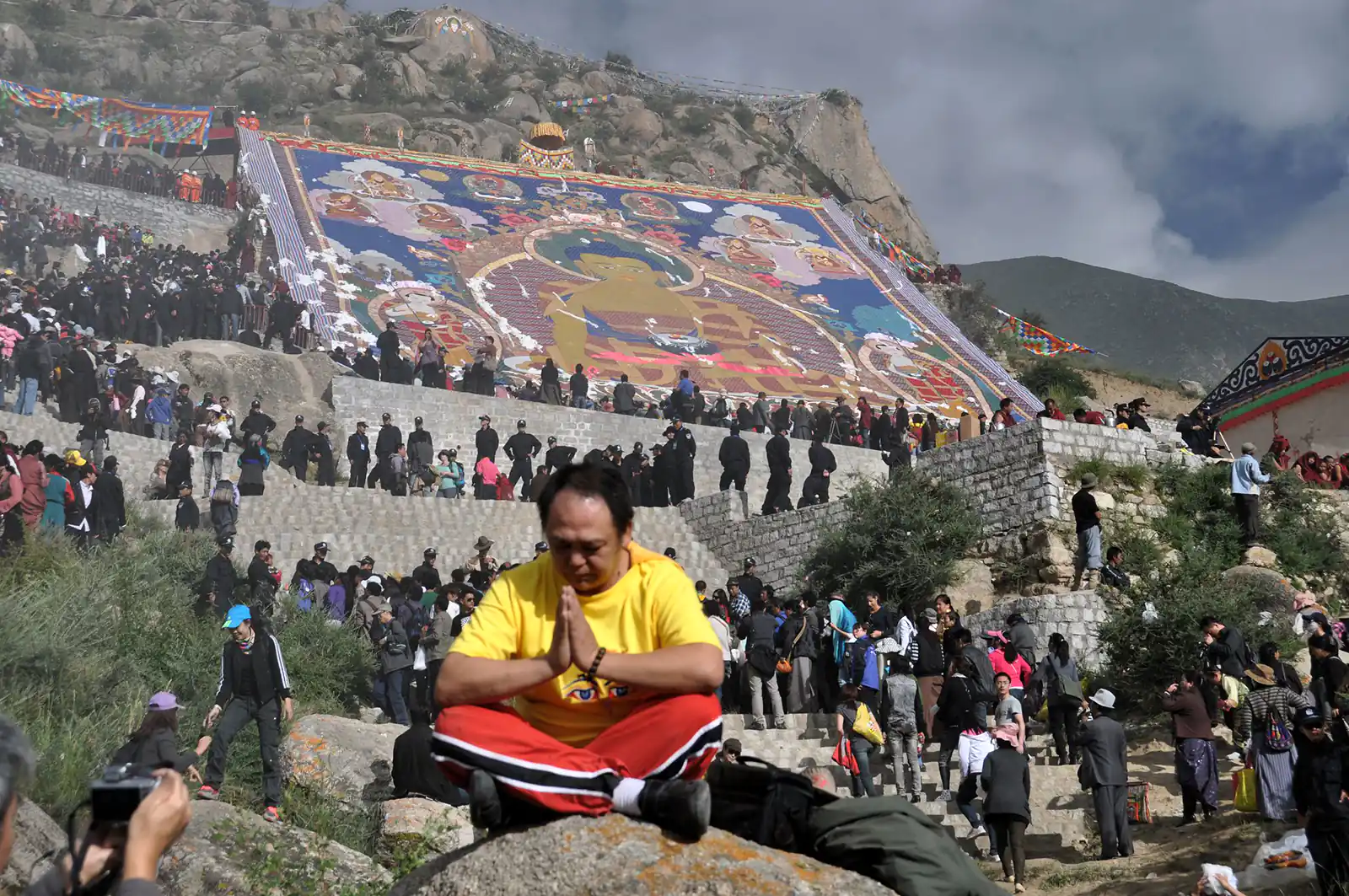 Devotees congregate on the mountain around Drepung monastery on the day of the yoghurt festival.