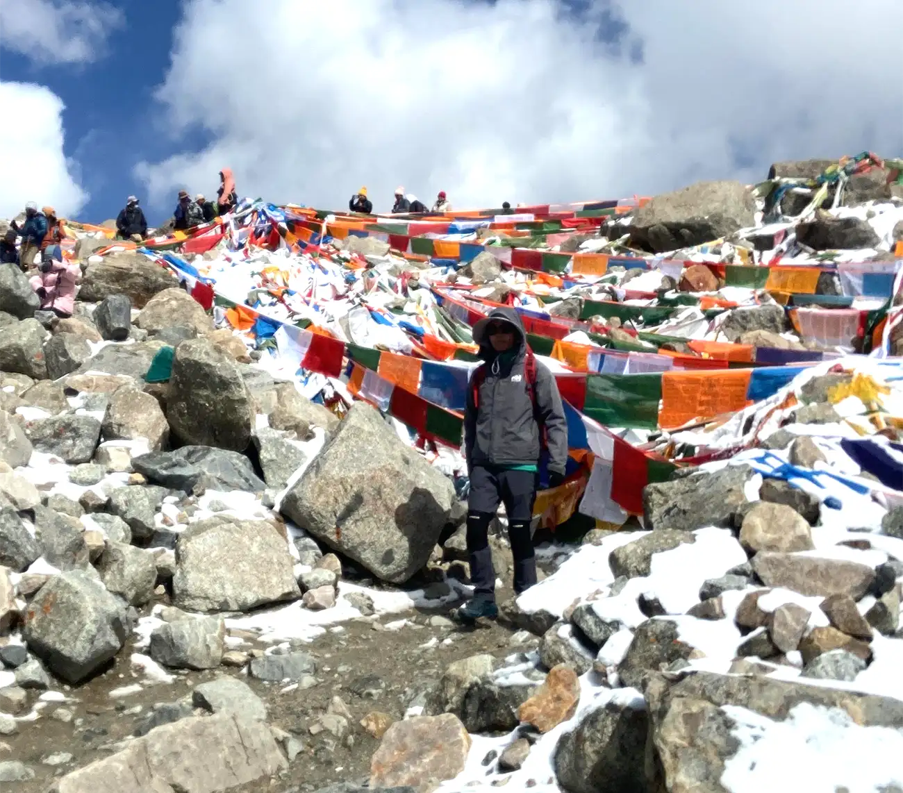 A traveler stands among colorful prayer flags at Dolma La Pass, Tibet, surrounded by rocky terrain and patches of snow