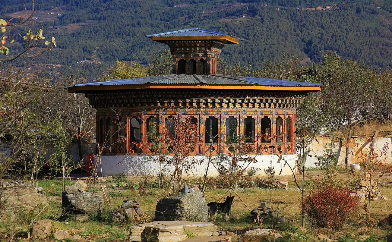 Traditional Bhutanese architecture at Kyichu Lhakhang in Paro, Bhutan
