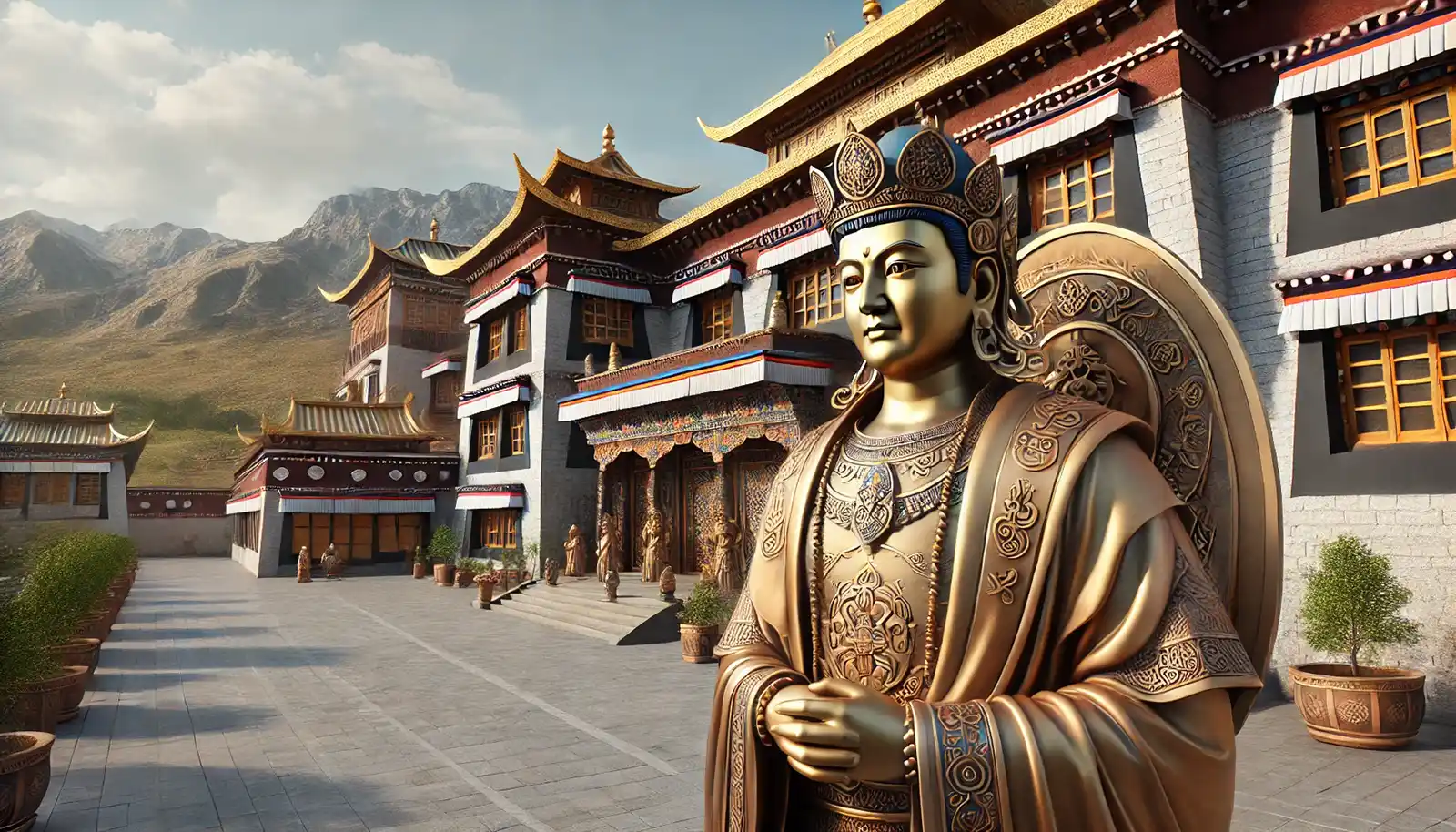 Statue of Songtsen Gampo outside a traditional Tibetan monastery.