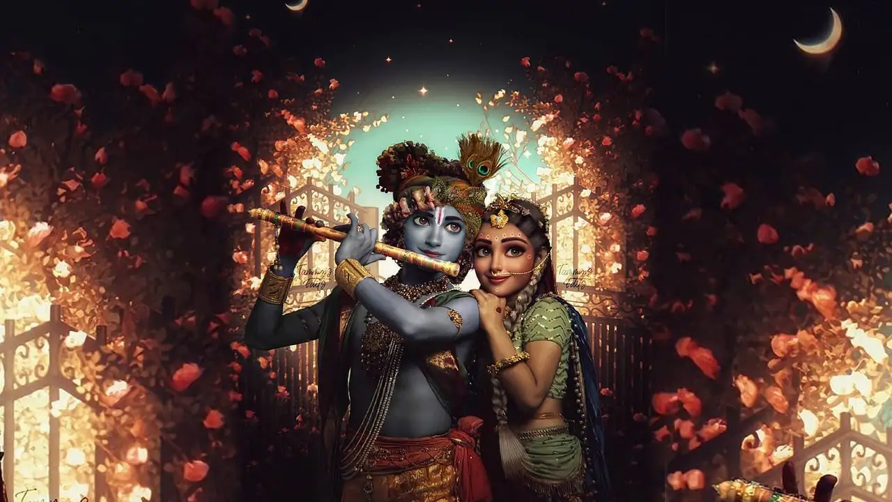 Artistic depiction of Lord Krishna playing the flute with Radha in a mystical garden at twilight.