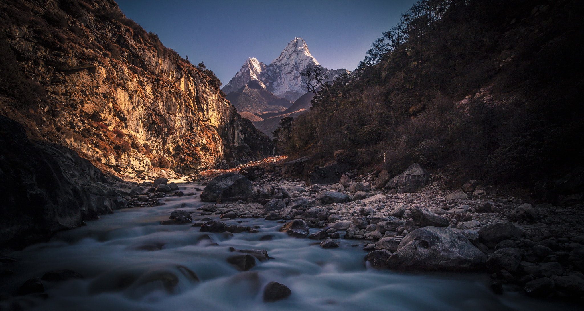 This is the view from the shores of the Imja Khola river, between the villages of Deboche and Pangboche.
