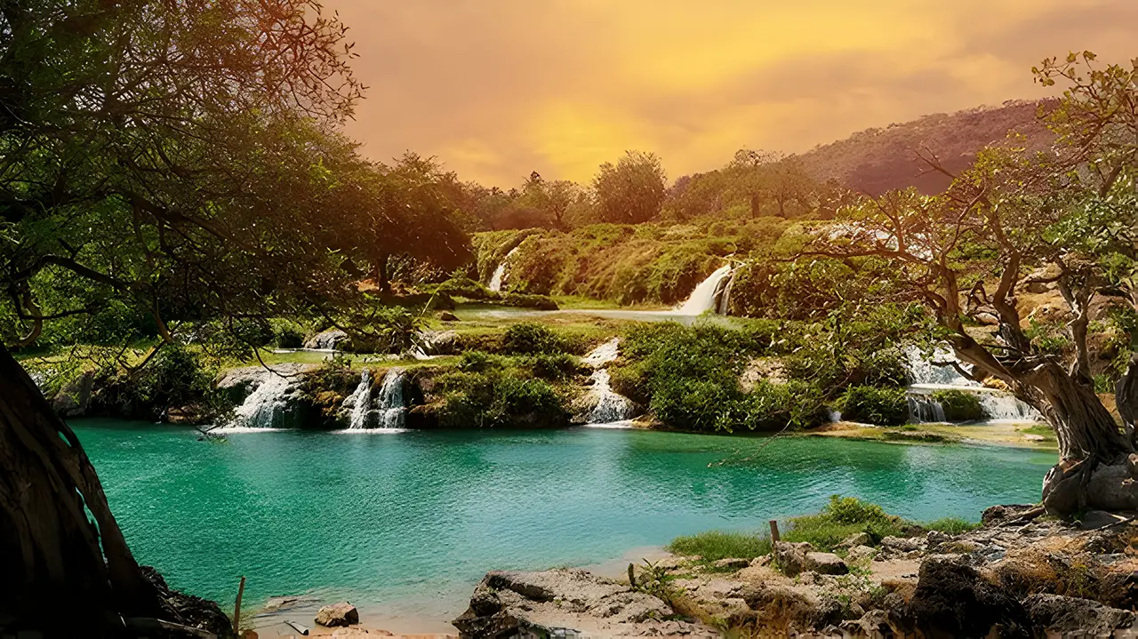 Mini waterfalls at Wadi Darbat in the Dhofar region of Oman, surrounded by lush greenery and a calm turquoise pool during the Khareef season.