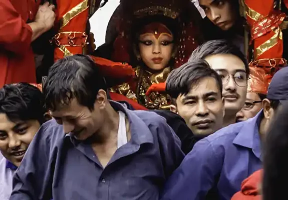 Chariot of living goddess Kumari pulled by the local passing through Basantapur...