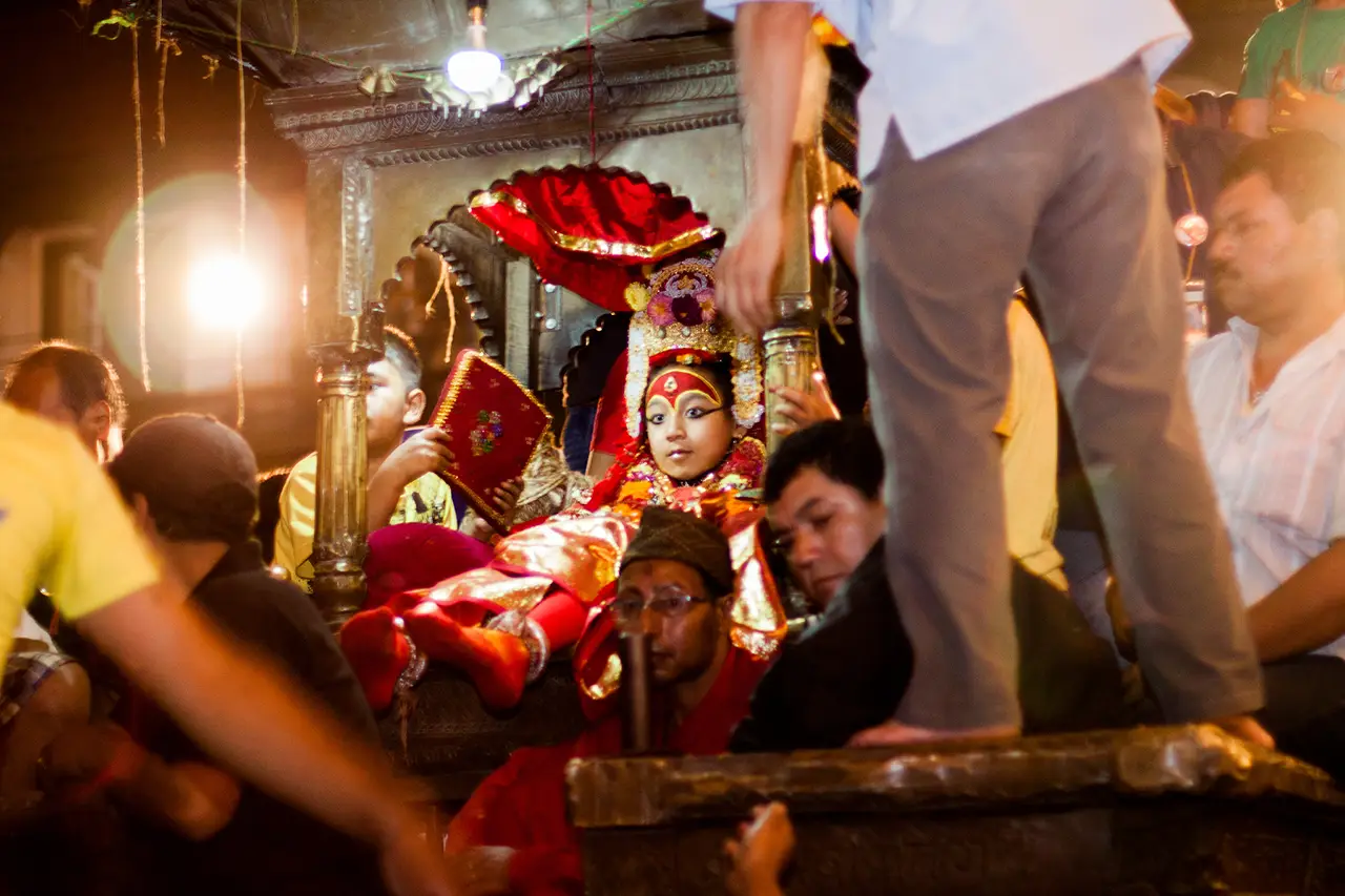 Deity Bhairava's persona on a chariot during the third day of Kumari Jatra in Kathmandu.