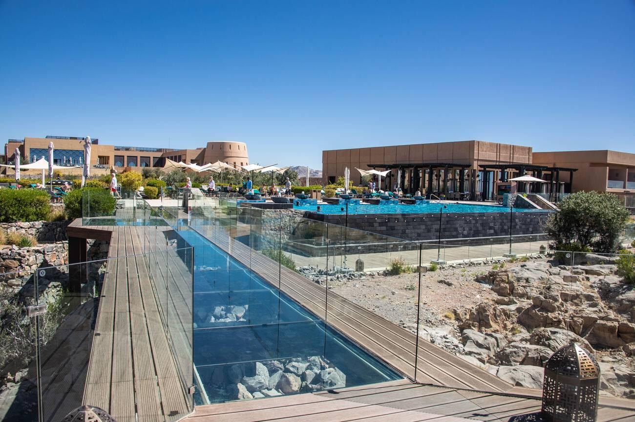 Luxury pool and modern lodging at the Anantara resort on Jebel Akhdar in Saiq, Oman.