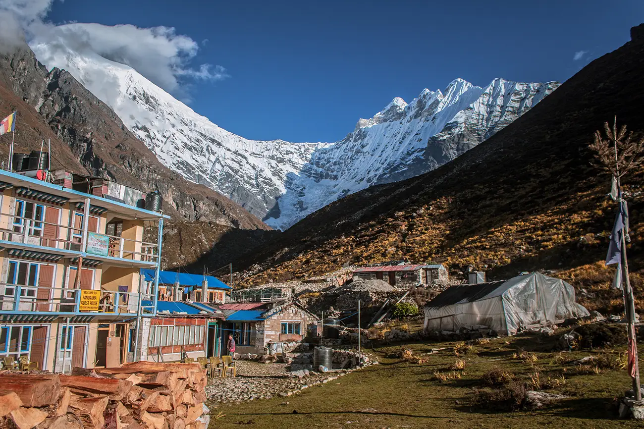 Morning view of snow-capped peaks Langtang Lirung, Changbu, and Langtang Yubra from Kyangjin Gompa village in Nepal.