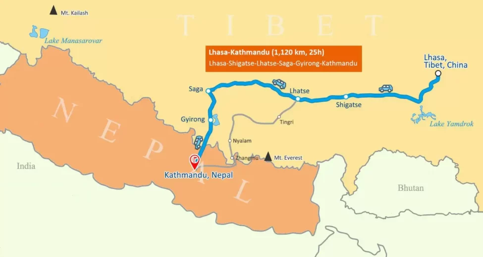 Route map of Lhasa tour from Kathmandu package