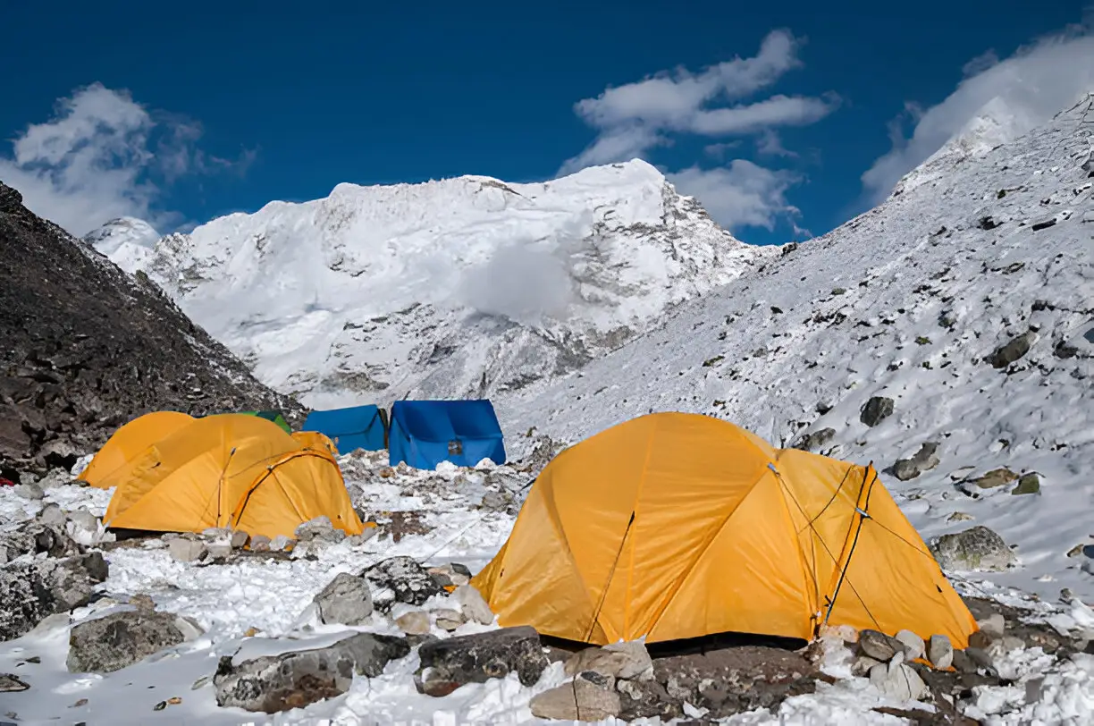 Tents set up at Island Peak Base Camp with snowy mountains in the background.