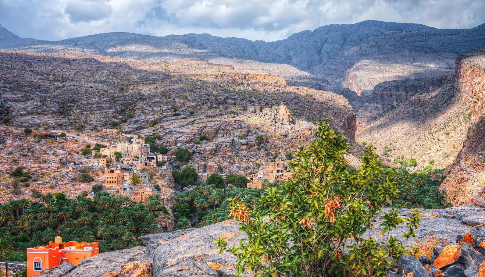 The village of Misfat Al Abriyeen nestled on the rocky hillside, surrounded by lush palm groves, with rugged mountains in the background under a partly cloudy sky.