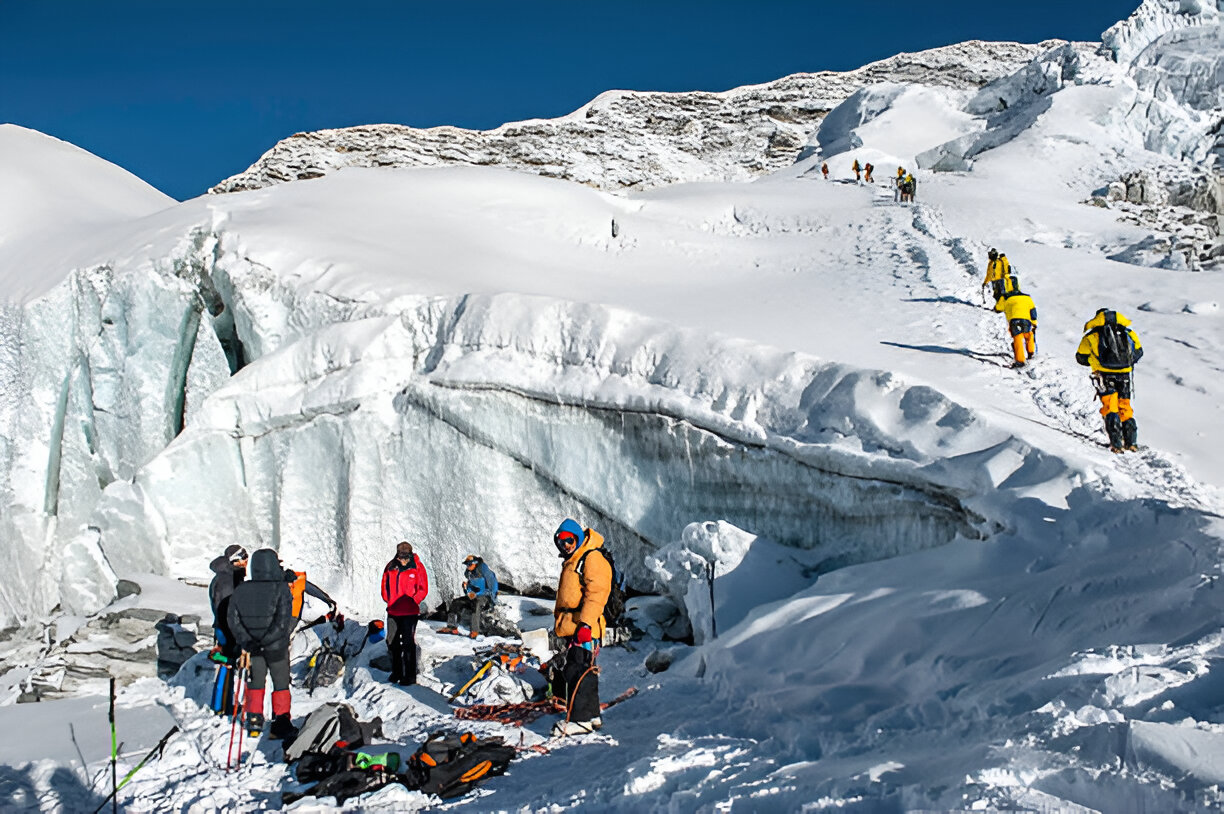 Climbers preparing equipment before ascending Island Peak in the Everest region.