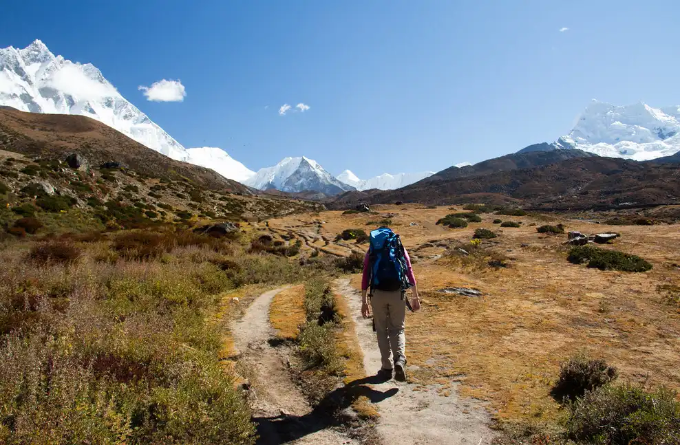 A lone hiker with a blue backpack walking on a trail from Dingboche to Chhukung with snow-capped mountains in the background under a clear blue sky.