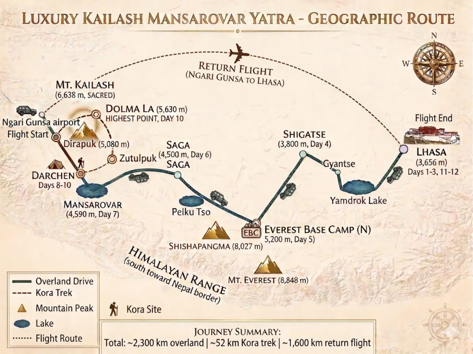 Luxury Kailash Mansarovar Yatra route map showing Lhasa, Shigatse, Everest Base Camp North, Saga, Lake Mansarovar, Darchen, and Mount Kailash.