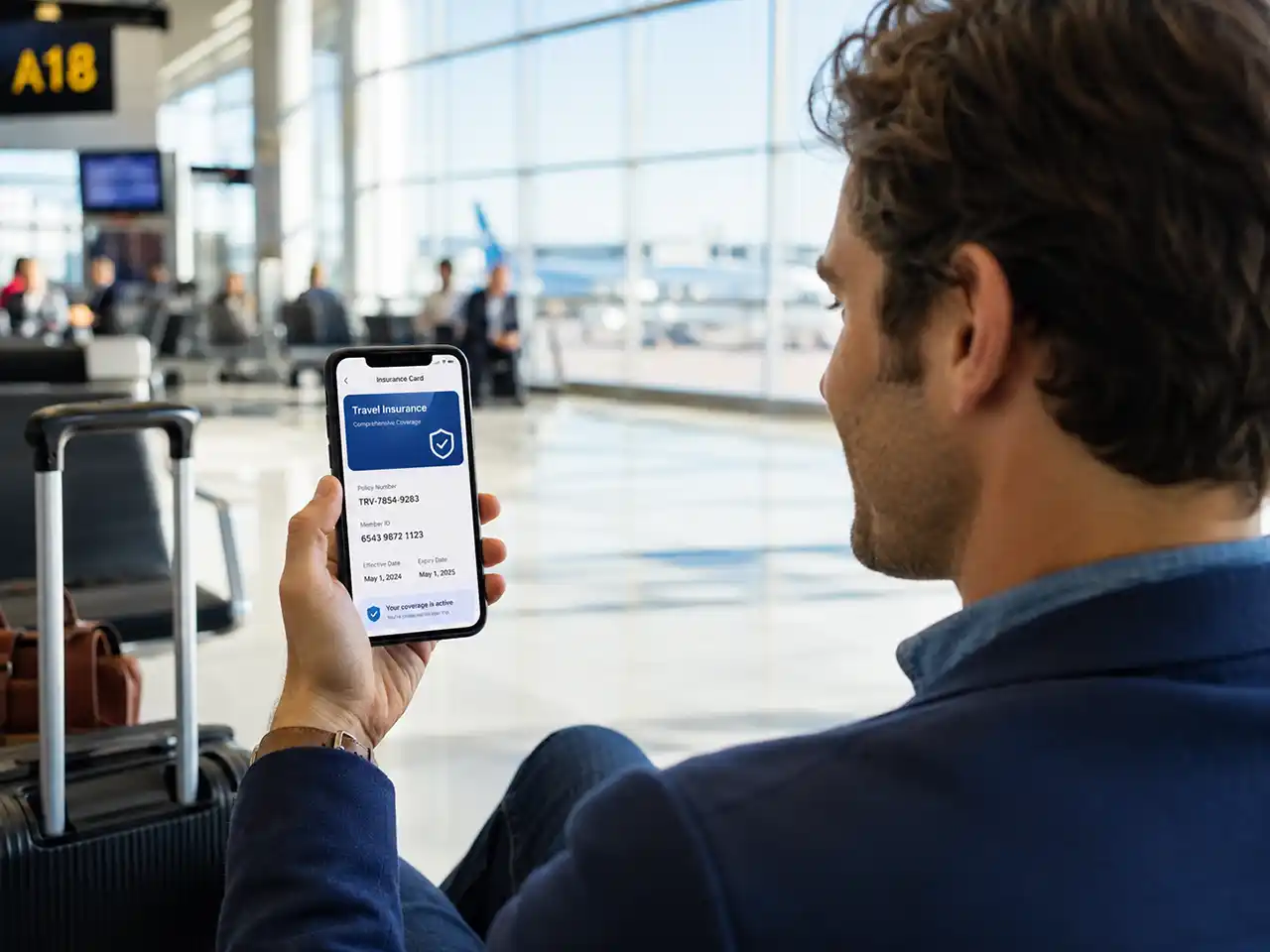 At airport with an insurance policy