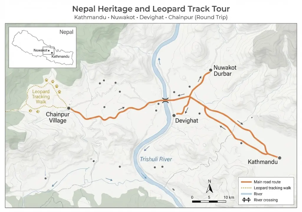 Mapa koja prikazuje rutu Nepalske baštine i ture praćenja leoparda od Katmandua do Nuwakota, Devighata i sela Chainpur sa šetnjom praćenjem leoparda.