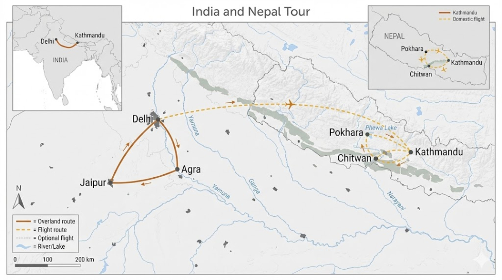 Map of an India and Nepal tour route, showing flights and overland travel between Delhi, Jaipur, Agra, Kathmandu, Pokhara, and Chitwan.
