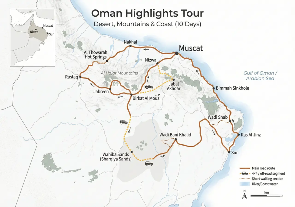 Oman Highlights Tour map showing a 10-day route through desert, mountains, and coastal destinations.