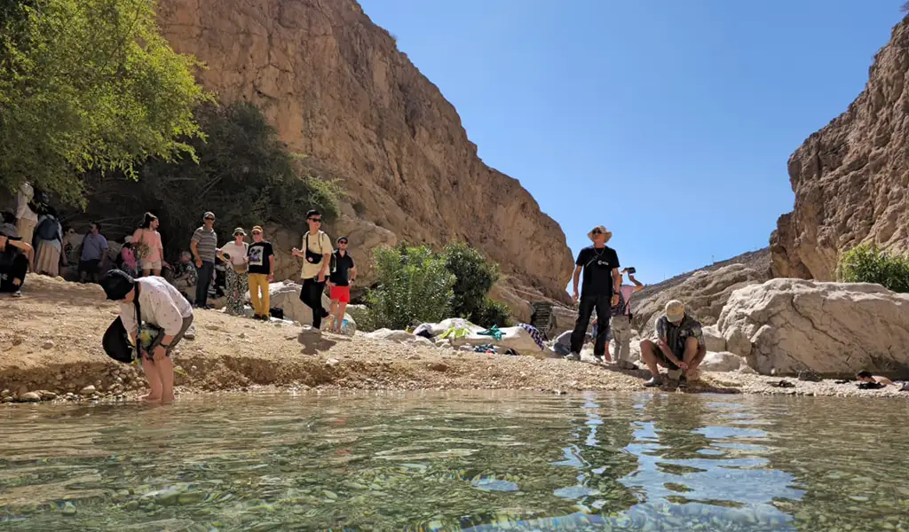 Visitors relaxing by the clear water pools of Wadi Bani Khalid in Oman, surrounded by rocky canyon cliffs.