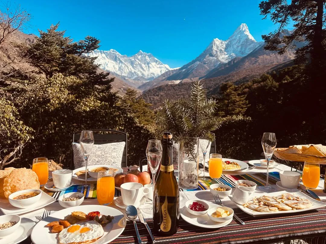 Breakfast with mountain view at Himalaya Luxury Lodge in the Everest region