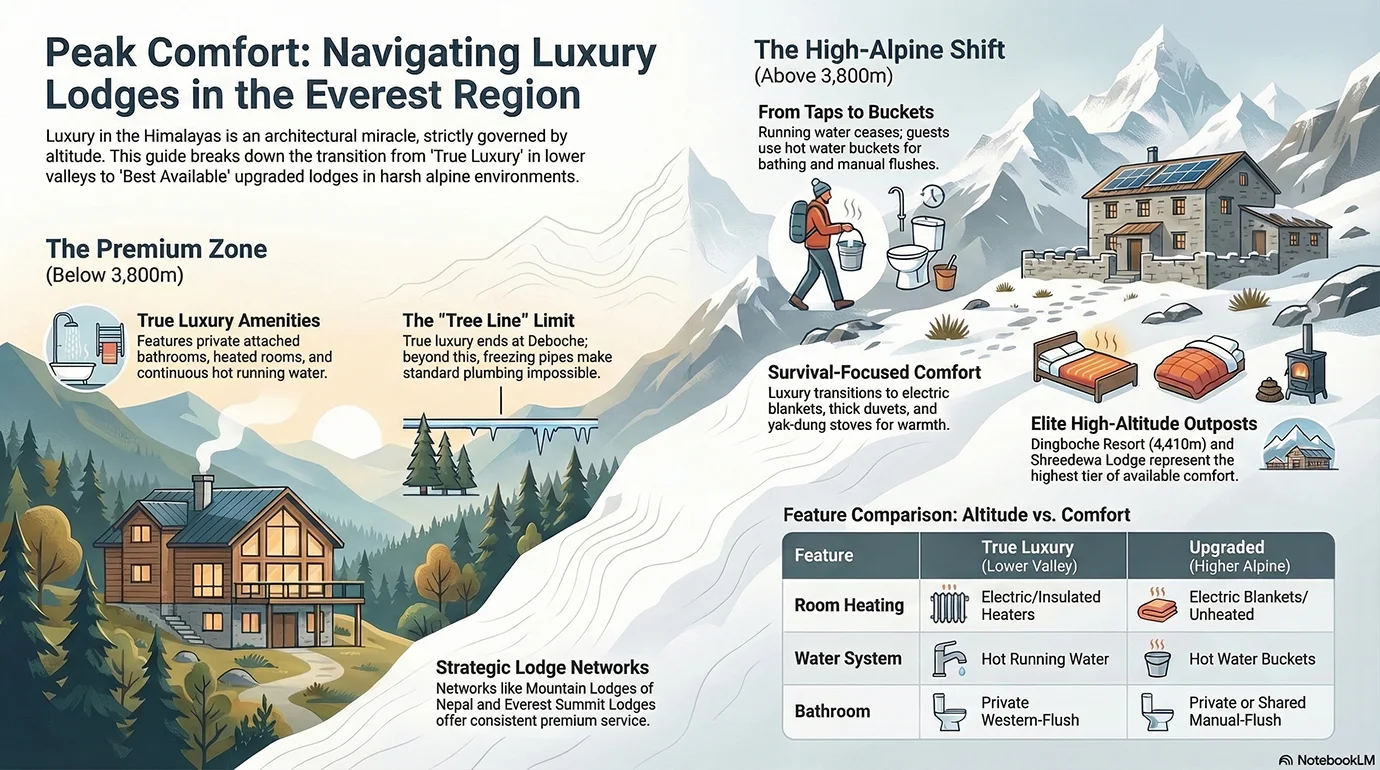 Infographic explaining luxury lodges in the Everest region and how comfort changes with altitude