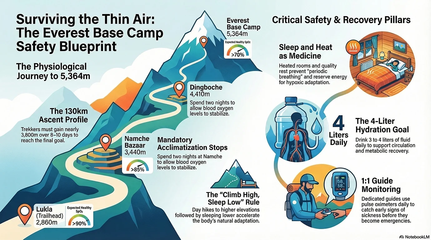 Infographic about Everest Base Camp altitude sickness prevention showing the ascent from Lukla to Everest Base Camp, acclimatization stops, hydration goals, sleep support, and pulse oximeter monitoring.