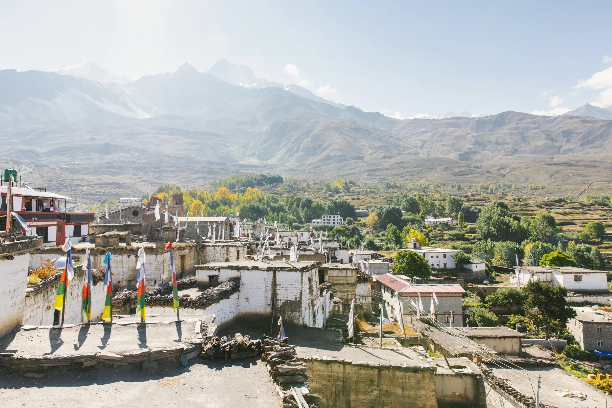 Jharkot village in Mustang with traditional white houses, prayer flags, and wide valley views with mountains in the background.
