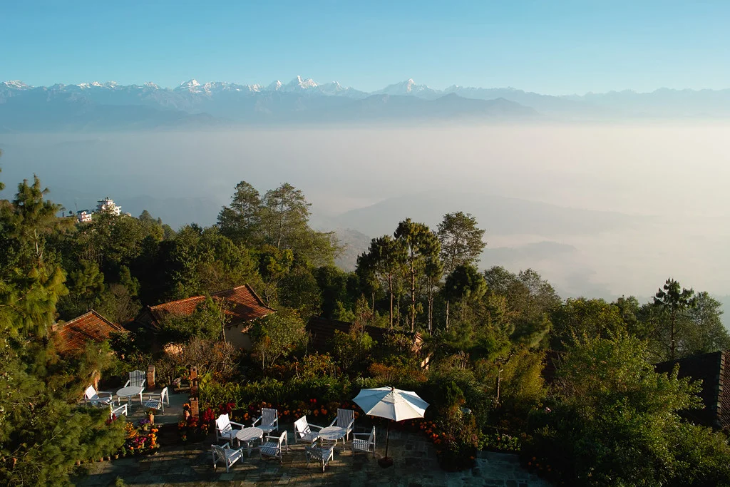 Nagarkot Fort Resort with Himalayan mountain views, showcasing the scenic comfort and premium atmosphere of a luxury Nepal tour.