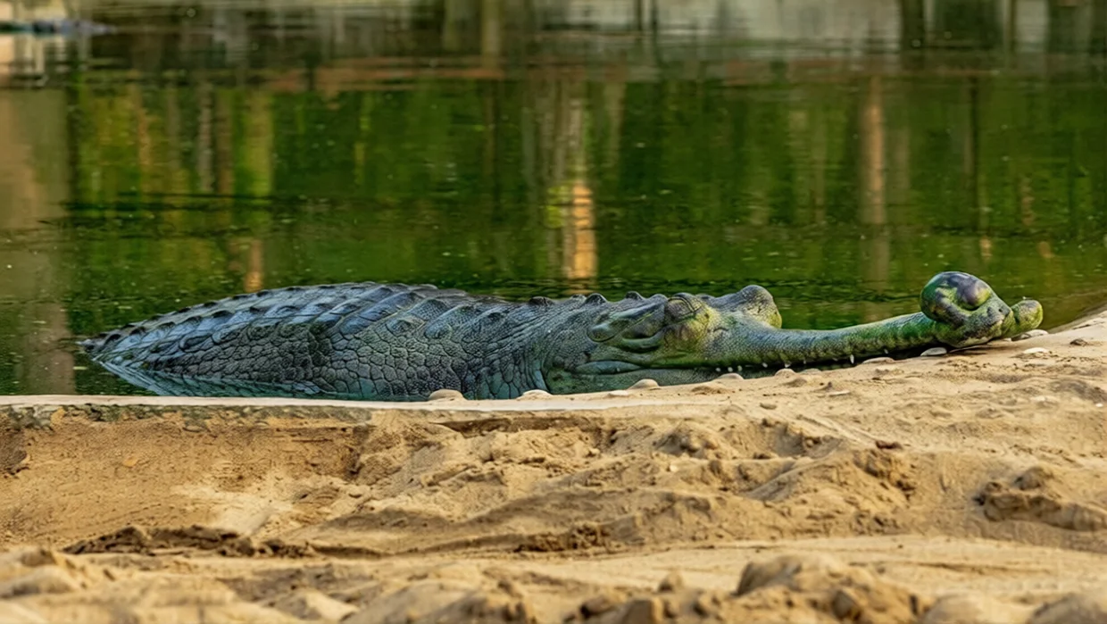 A male gharial crocodile rests on a sandy riverbank by green water during a Luxury Nepal Honeymoon Tour. Its unique long snout is clearly visible.