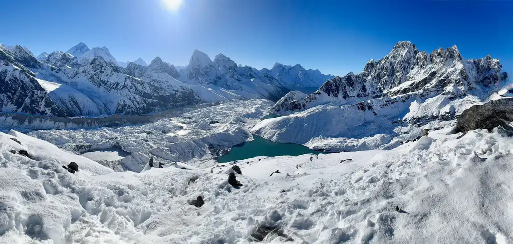 Best Time to Visit Nepal features a breathtaking panoramic winter view of snow-covered Himalayan peaks and turquoise glacial lakes from the top of Gokyo Ri.