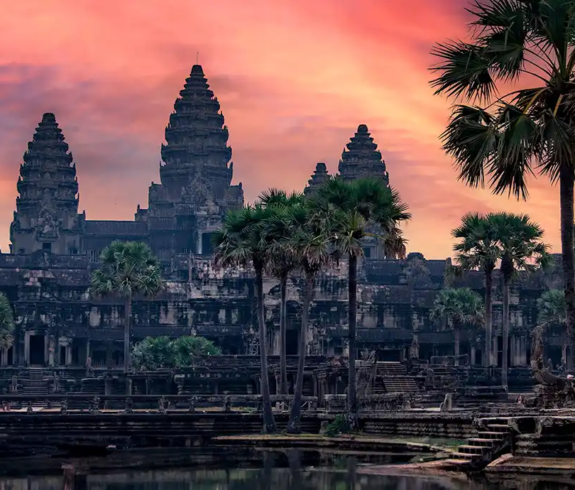 The central stone spires of Angkor Wat silhouetted against a brilliant pink and orange sunset sky framed by palm trees featured in a travel guide on Cambodia Itinerary.
