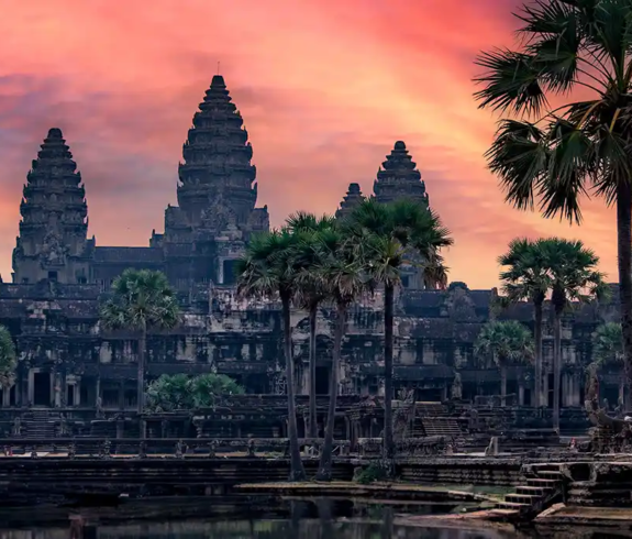 The central stone towers of Angkor Wat silhouetted against a vibrant orange and pink sunset framed by palm trees featured in a travel guide on Angkor Wat Tickets.