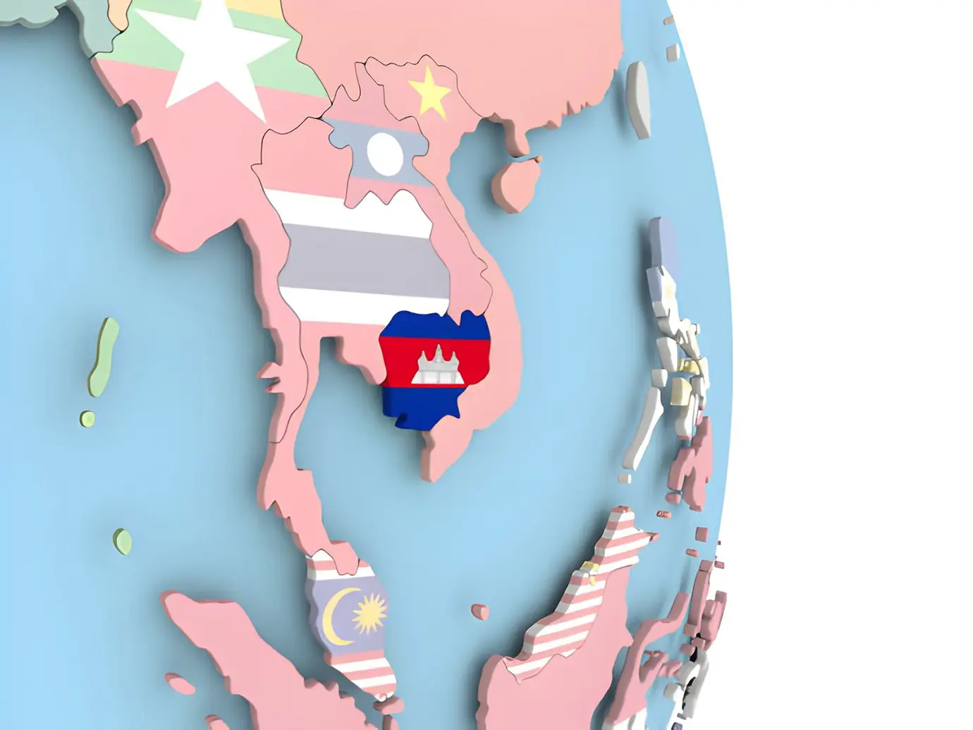 A 3D globe illustration highlighting Cambodia’s national flag bordered by Thailand, Laos, and Vietnam featured in a travel guide on Cambodia Visa Requirements.