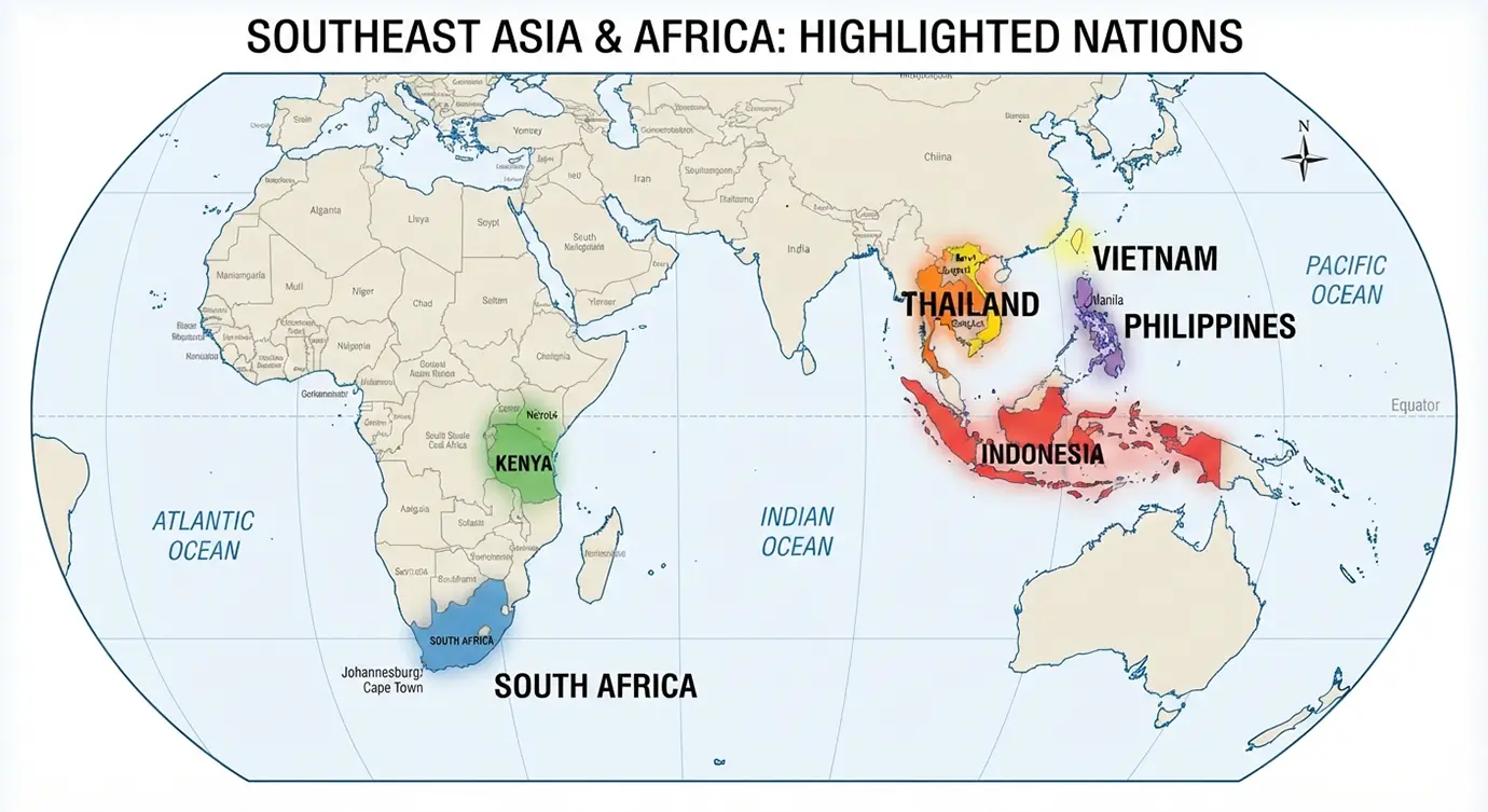 A global world map displaying highlighted countries across Southeast Asia and Africa, illustrating regional eligibility for Dubai Visa Requirements.