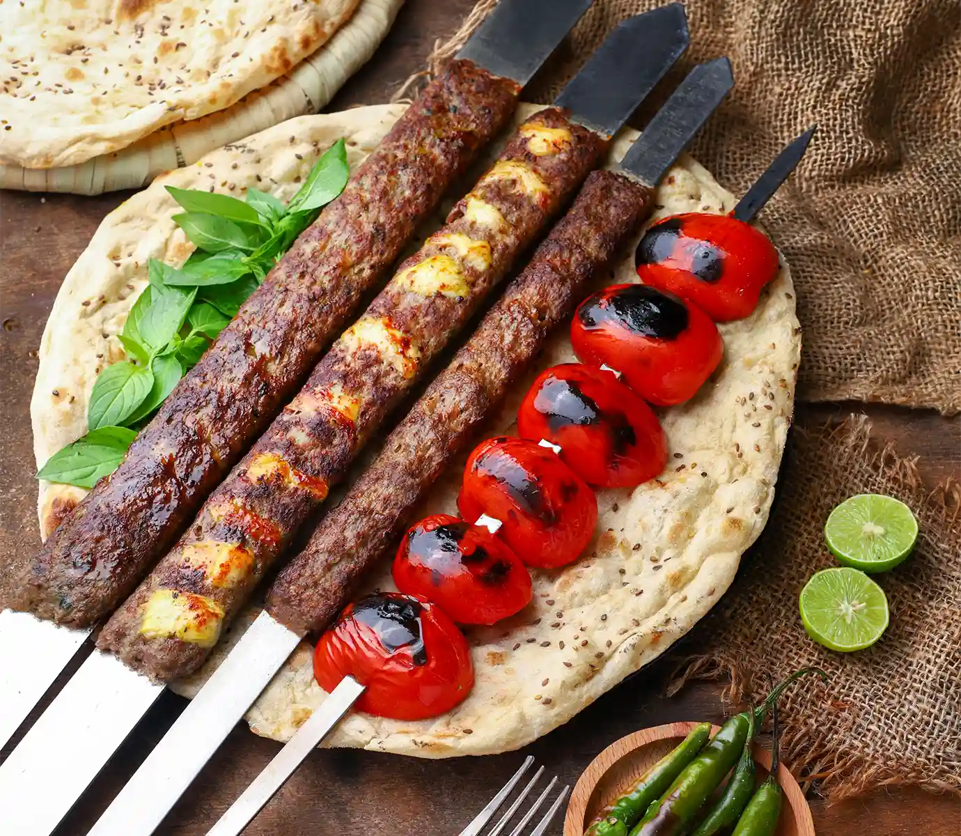 Grilled minced lamb lule kebabs on metal skewers laid over traditional flatbread with charred tomatoes and fresh herbs featured in a travel guide on What to Eat in Azerbaijan.