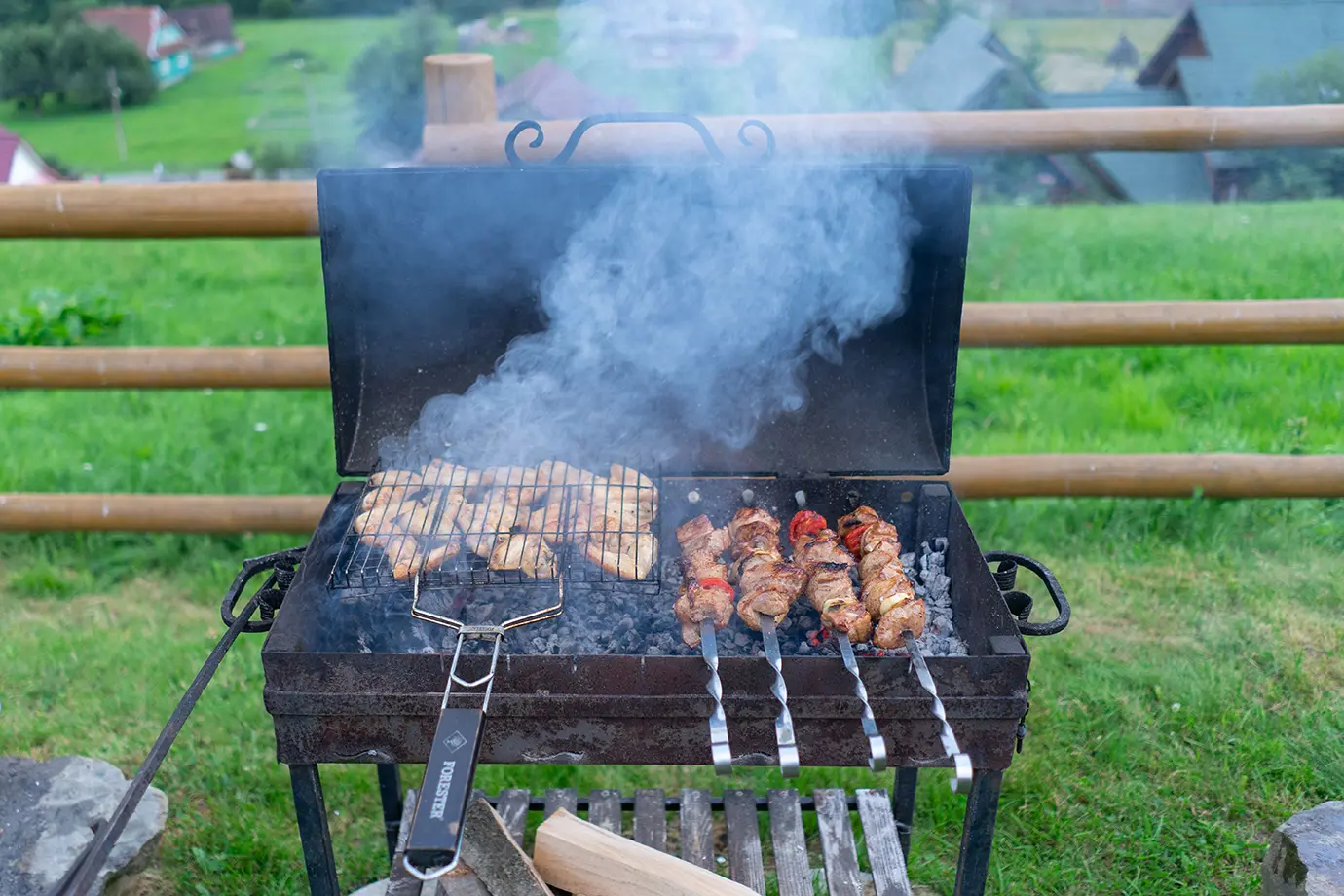 Skewers of marinated meat and vegetables grilling over hot coals outdoors featured in a culinary guide on What to Eat in Armenia.