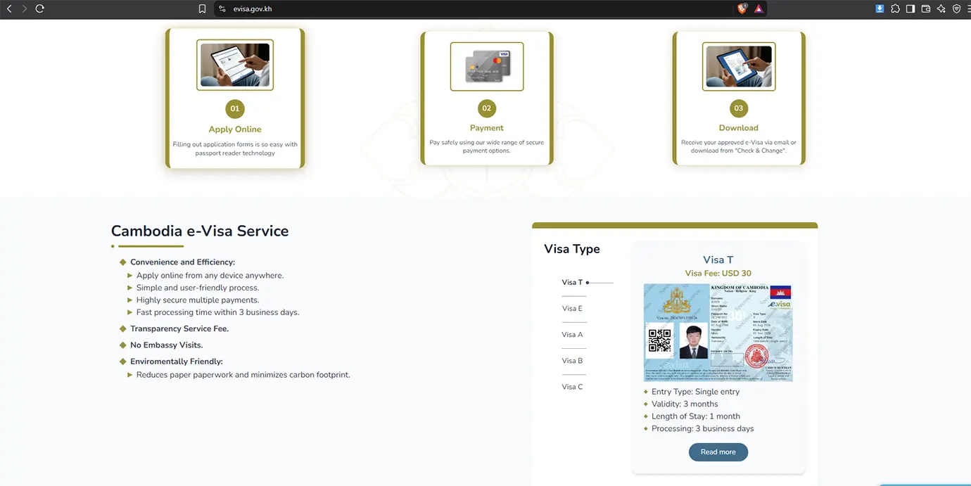 A screenshot of the official Cambodian e-Visa website outlining online application, payment, and approval steps featured in a travel guide on Cambodia Visa Requirements.