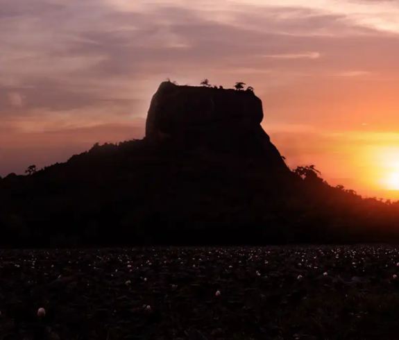 A dramatic silhouette of Sigiriya Rock Fortress rising above a dark forest canopy, set against a fiery orange sunrise and purple sky in Sri Lanka. Cultural Triangle of Sri Lanka