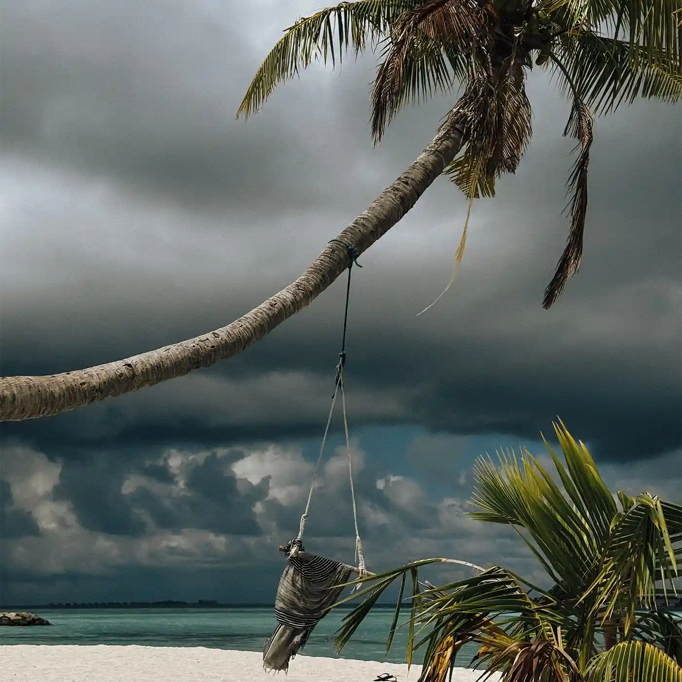 A beach swing hanging from a leaning palm tree against dark stormy clouds during monsoon season featured in a guide on the Best Time to Visit the Maldives.