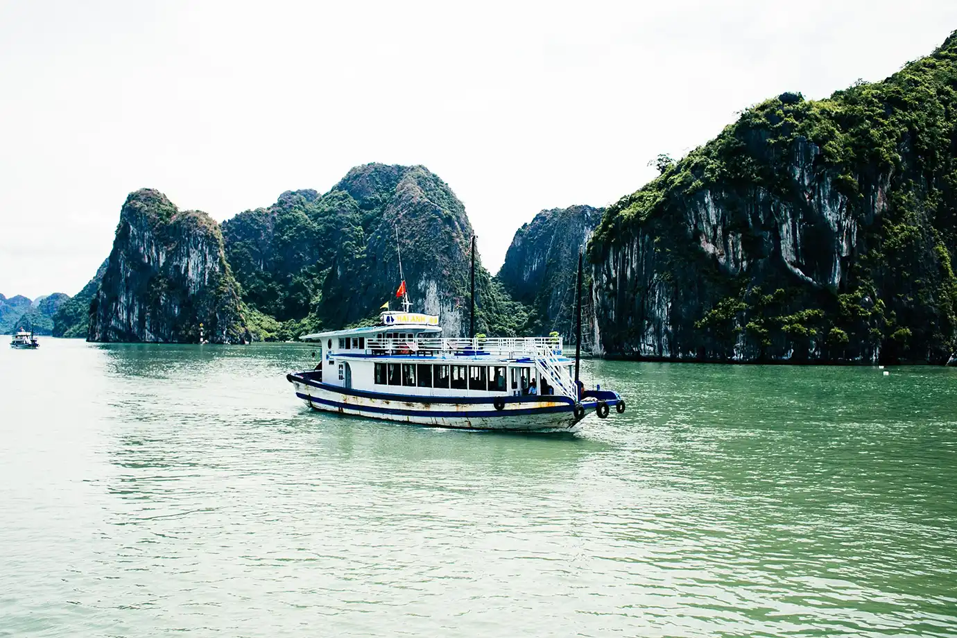 A wide panoramic elevated photograph looking down over lush green treetops at dozens of tourist cruise boats anchored in the calm emerald waters surrounded by steep limestone karst islands in Ha Long Bay, Vietnam.