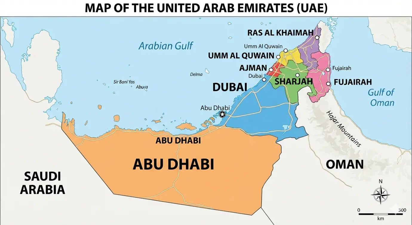 A colorful regional map showing the political boundaries of the United Arab Emirates, including Dubai, for Dubai Visa Requirements.