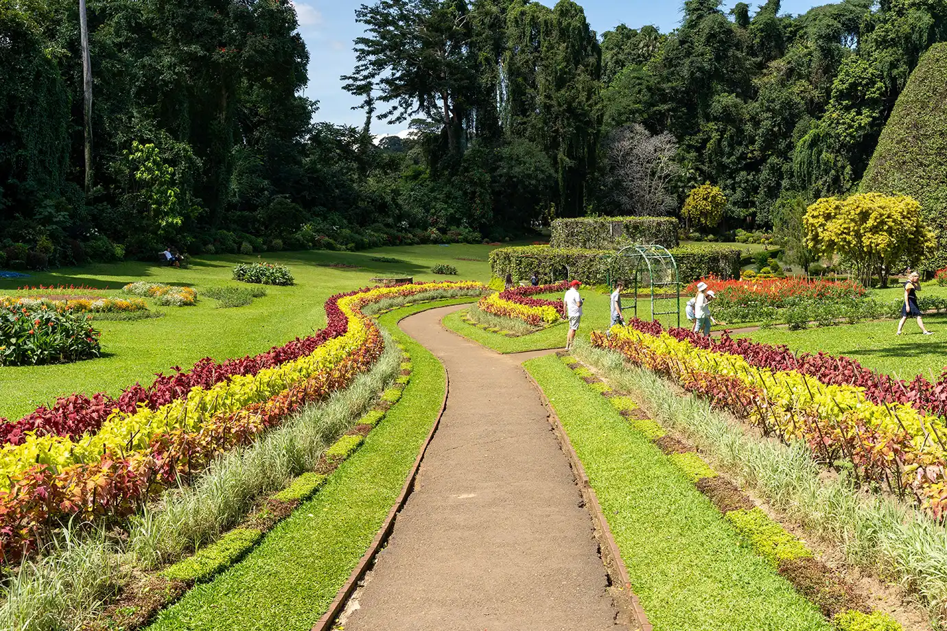 A wide, eye-level photograph of visitors strolling down a curving dirt path flanked by colorful yellow, red, and orange coleus borders in the lush grounds of Hakgala Botanical Garden near Nuwara Eliya, Sri Lanka.