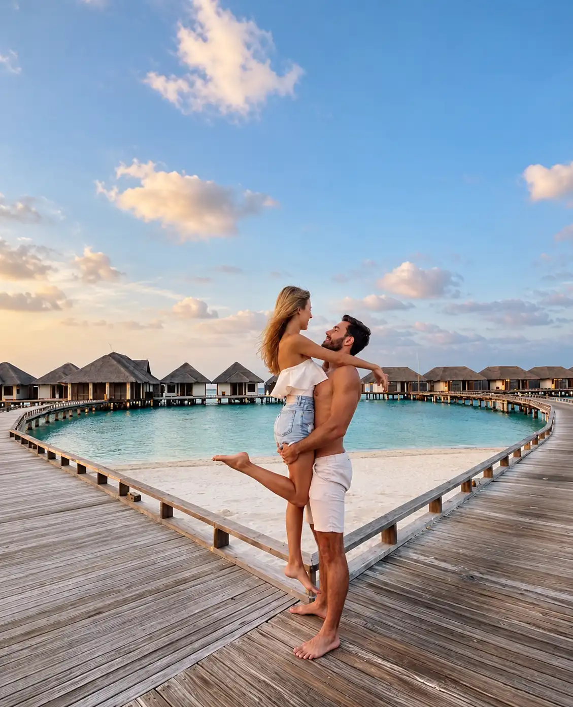 A vertical lifestyle photograph showing a man lifting a woman in a romantic embrace on a wide wooden overwater jetty surrounded by thatched-roof water bungalows and a turquoise lagoon at Velassaru Maldives.