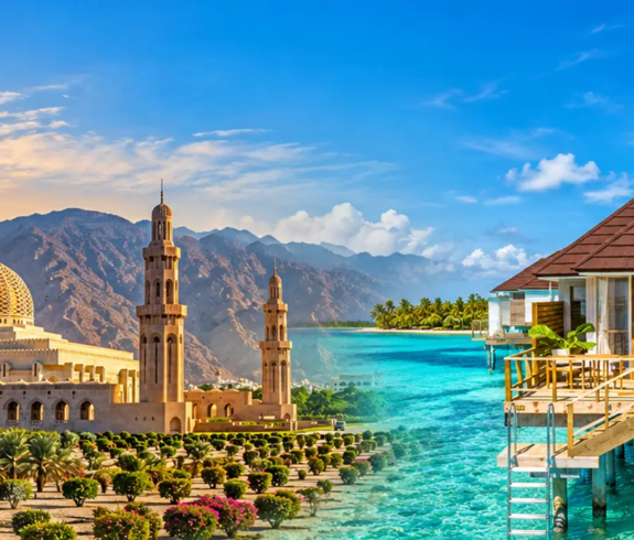 A wide panoramic photo composite seamless split into two scenes: on the left, the golden-domed Sultan Qaboos Grand Mosque surrounded by date palms against sunrise-lit mountains in Muscat, Oman; on the right, wooden overwater bungalows with private sun decks over crystal-clear turquoise ocean waters in the Maldives.