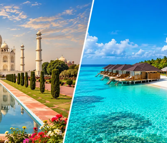A wide split-screen promotional composite photograph: on the left, the white marble Taj Mahal with reflecting pool gardens at sunrise in Agra, India; on the right, dark-roofed overwater bungalows over clear turquoise lagoon waters in the Maldives.